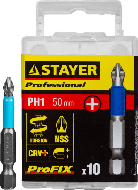 Биты STAYER "PROFESSIONAL" ProFix Phillips, тип хвостовика E 1/4", № 1, L=50мм, 10шт,  ( 26203-1-50-10_z01 ) Биты STAYER "PROFESSIONAL" ProFix Phillips, тип хвостовика E 1/4", № 1, L=50мм, 10шт,  ( 26203-1-50-10_z01 )