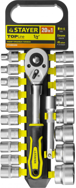 Набор STAYER "STANDARD": Торцовые головки (1/2") на пластиковом рельсе, трещотка, удлинитель, 8-32мм, 20 предметов,  ( 27750-H20 ) Набор STAYER "STANDARD": Торцовые головки (1/2") на пластиковом рельсе, трещотка, удлинитель, 8-32мм, 20 предметов,  ( 27750-H20 )