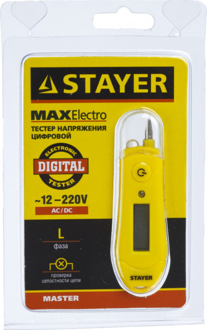 Тестер напряжения STAYER "МASTER" цифровой со световым индикатором, 12-220В, 70мм,  ( 45282 )
