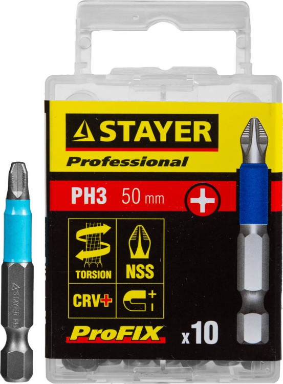 Биты STAYER "PROFESSIONAL" ProFix Phillips, тип хвостовика E 1/4", № 3, L=50мм, 10шт,  ( 26203-3-50-10_z01 )
