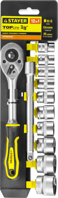 Набор STAYER "STANDARD": Торцовые головки (3/8") на пластиковом рельсе, трещотка, удлинитель, 10-24мм, 12 предметов,  ( 27752-H12 ) Набор STAYER "STANDARD": Торцовые головки (3/8") на пластиковом рельсе, трещотка, удлинитель, 10-24мм, 12 предметов,  ( 27752-H12 )