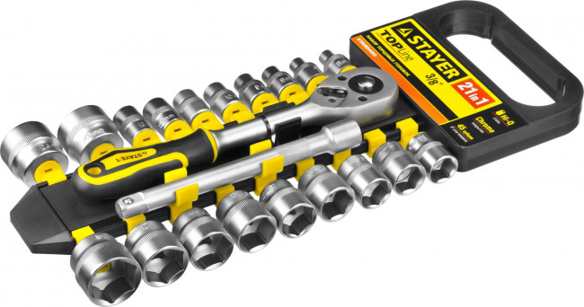 Набор STAYER "STANDARD": Торцовые головки (3/8") на пластиковом рельсе, трещотка, удлинитель, 6-24мм, 21 предмет,  ( 27752-H21 ) Набор STAYER "STANDARD": Торцовые головки (3/8") на пластиковом рельсе, трещотка, удлинитель, 6-24мм, 21 предмет,  ( 27752-H21 )