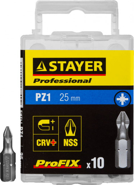 Биты STAYER "PROFESSIONAL" ProFix Pozidriv, тип хвостовика C 1/4", № 1, L=25мм, 10шт,  ( 26221-1-25-10_z01 ) Биты STAYER "PROFESSIONAL" ProFix Pozidriv, тип хвостовика C 1/4", № 1, L=25мм, 10шт,  ( 26221-1-25-10_z01 )