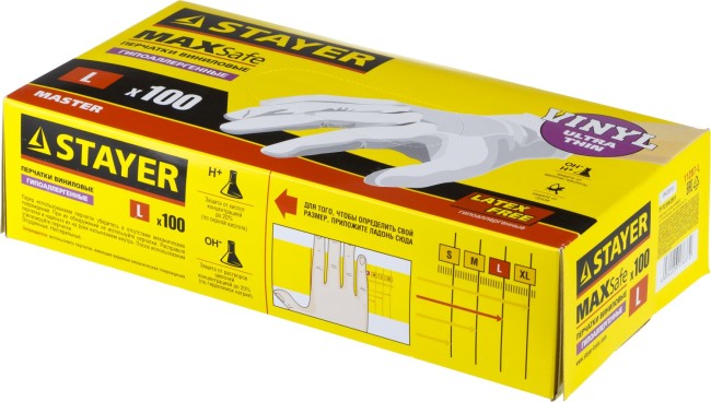 Перчатки STAYER "MASTER" виниловые экстратонкие, L, 100шт,  ( 11207-L )