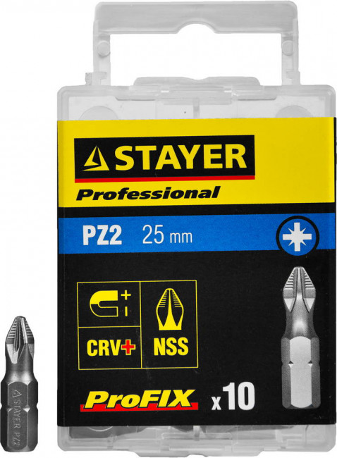 Биты STAYER "PROFESSIONAL" ProFix Pozidriv, тип хвостовика C 1/4", № 2, L=25мм, 10шт,  ( 26221-2-25-10_z01 ) Биты STAYER "PROFESSIONAL" ProFix Pozidriv, тип хвостовика C 1/4", № 2, L=25мм, 10шт,  ( 26221-2-25-10_z01 )