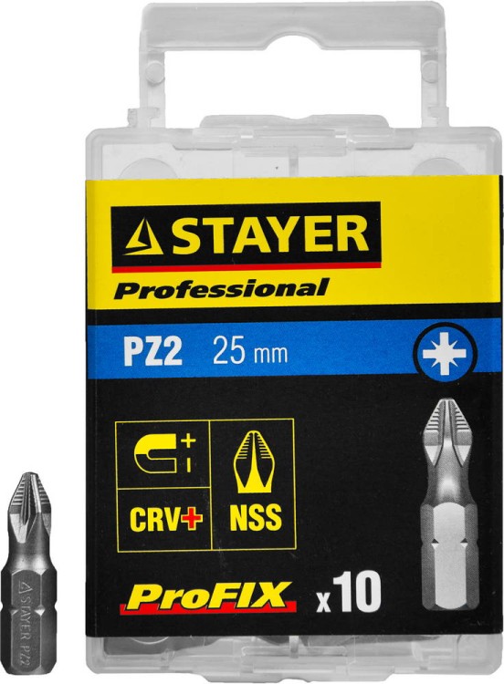 Биты STAYER "PROFESSIONAL" ProFix Pozidriv, тип хвостовика C 1/4", № 2, L=25мм, 10шт,  ( 26221-2-25-10_z01 )
