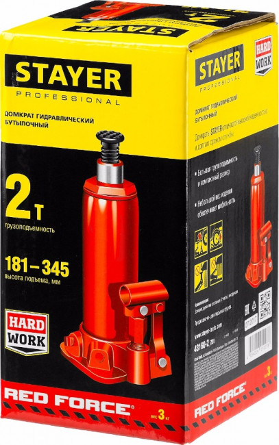 Домкрат гидравлический бутылочный "RED FORCE", 2т, 181-345 мм, STAYER 43160-2,  ( 43160-2_z01 ) Домкрат гидравлический бутылочный "RED FORCE", 2т, 181-345 мм, STAYER 43160-2,  ( 43160-2_z01 )