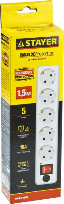 Сетевой фильтр STAYER "MASTER" электрический, 5 гнезд, макс. мощн. 2200 Вт, 1.5м, ( 55066-1.5 ) Сетевой фильтр STAYER "MASTER" электрический, 5 гнезд, макс. мощн. 2200 Вт, 1.5м, ( 55066-1.5 )