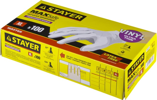 Перчатки STAYER "MASTER" виниловые экстратонкие, XL, 100шт,  ( 11207-XL )