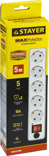 Сетевой фильтр STAYER "MASTER" электрический, 5 гнезд, макс. мощн. 2200 Вт, 5м,  ( 55066-5 )