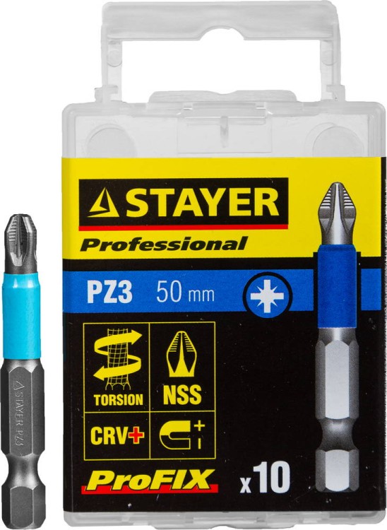 Биты STAYER "PROFESSIONAL" ProFix Pozidriv, тип хвостовика E 1/4", № 3, L=50мм, 10шт,  ( 26223-3-50-10_z01 )