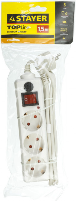 Сетевой фильтр STAYER "STANDARD" электрический, 3 гнезда, макс. мощн. 2200 Вт, 1.5м, ( 55065-1.5 ) Сетевой фильтр STAYER "STANDARD" электрический, 3 гнезда, макс. мощн. 2200 Вт, 1.5м, ( 55065-1.5 )