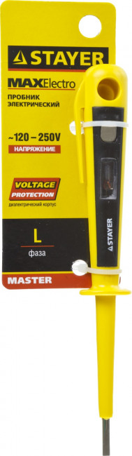 STAYER "MASTER". Пробник напряжения с цельнолитым диэлектрическим корпусом, 120-250В, 150мм,  ( 45280 ) STAYER "MASTER". Пробник напряжения с цельнолитым диэлектрическим корпусом, 120-250В, 150мм,  ( 45280 )