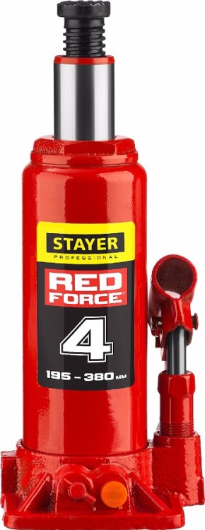 Домкрат гидравлический бутылочный "RED FORCE", 4т, 195-380 мм, STAYER 43160-4,  ( 43160-4_z01 )