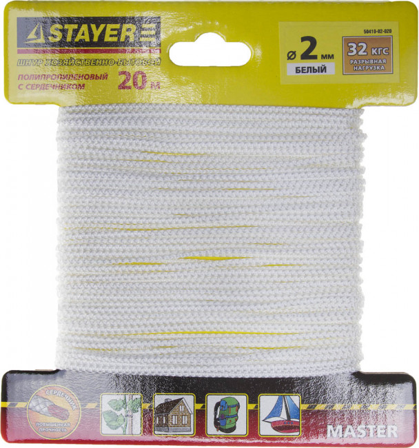 Шнур STAYER "MASTER" хозяйственно-бытовой, полипропиленовый, вязанный, с сердечником, белый, d 2, 20м ,  ( 50410-02-020 )
