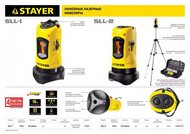 Нивелир лазерный линейный SLL-2, STAYER 34960-H2, штатив, кейс, 10м, точн. +/-0,5 мм/м,  ( 34960-H2 )