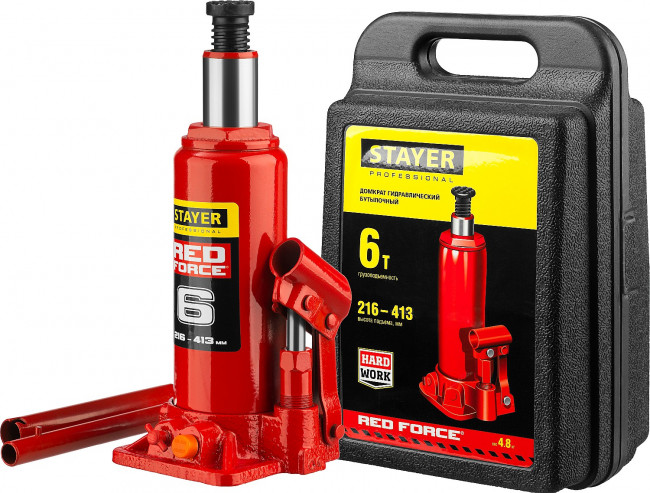 Домкрат гидравлический бутылочный "RED FORCE", 6т, 216-413 мм, в кейсе, STAYER 43160-6-K,  ( 43160-6-K_z01 ) Домкрат гидравлический бутылочный "RED FORCE", 6т, 216-413 мм, в кейсе, STAYER 43160-6-K,  ( 43160-6-K_z01 )