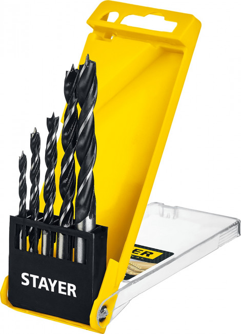 STAYER "M-type" 5 шт. 4-5-6-8-10мм, набор спиральных сверл по дереву ( 2942-H5_z02 ) STAYER "M-type" 5 шт. 4-5-6-8-10мм, набор спиральных сверл по дереву ( 2942-H5_z02 )