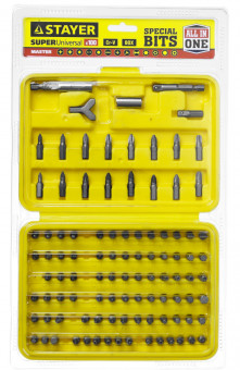 Набор STAYER "MASTER" "SUPER UNIVERSAL": Биты, полный ассортимент стандартных и специальных шлицов, адаптеры, Cr-V, 100 предметов, в боксе,  ( 2604-H100 )