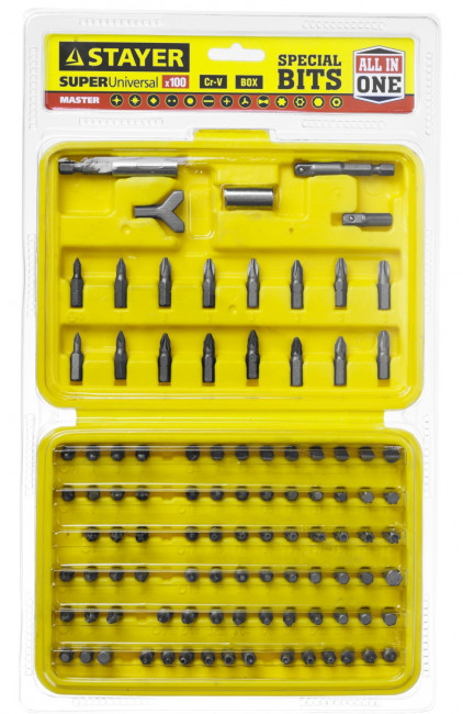 Набор STAYER "MASTER" "SUPER UNIVERSAL": Биты, полный ассортимент стандартных и специальных шлицов, адаптеры, Cr-V, 100 предметов, в боксе,  ( 2604-H100 )