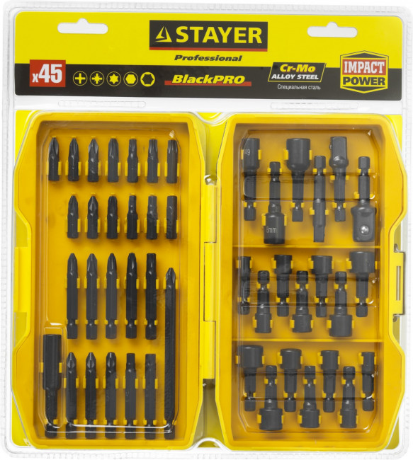 Набор STAYER "PROFESSIONAL": Насадки BlackPro для ударного шуруповерта, Сr-Mo сталь, 45предм,  ( 26225-H45 ) Набор STAYER "PROFESSIONAL": Насадки BlackPro для ударного шуруповерта, Сr-Mo сталь, 45предм,  ( 26225-H45 )