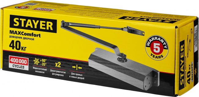 Доводчик дверной STAYER, для дверей массой до 40 кг, цвет серебро,  ( 37915-50 ) Доводчик дверной STAYER, для дверей массой до 40 кг, цвет серебро,  ( 37915-50 )