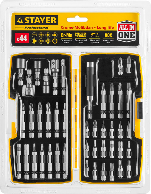 Набор STAYER "PROFI": Биты многофункциональные CR-MO, головок и адаптеров в ударопрочном компактном боксе, 44 предмета, 26135-H44 Набор STAYER "PROFI": Биты многофункциональные CR-MO, головок и адаптеров в ударопрочном компактном боксе, 44 предмета, 26135-H44