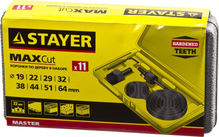 Набор STAYER "MASTER": Коронки по дереву, d=11, 22, 29, 32, 35, 38, 44, 51, 64мм, 11шт,  ( 29600-H11 )
