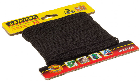 Шнур STAYER "MASTER" хозяйственно-бытовой, полипропиленовый, вязанный, с сердечником, черный, d 3, 20м, ( 50411-03-020 ) Шнур STAYER "MASTER" хозяйственно-бытовой, полипропиленовый, вязанный, с сердечником, черный, d 3, 20м, ( 50411-03-020 )