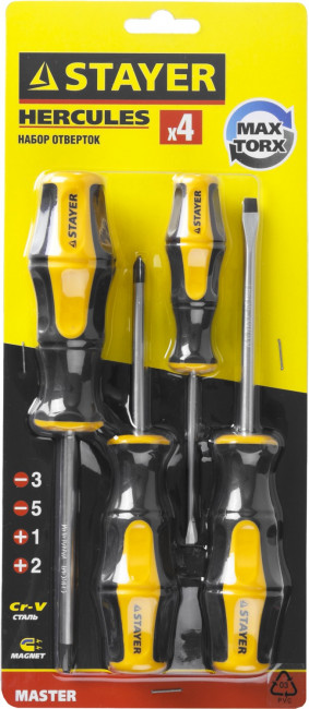 Набор STAYER "MASTER" HERCULES: Отвертки, Cr-V, эргономичная двухкомпонентная рукоятка, 4шт,  ( 25055-H4_z02 ) Набор STAYER "MASTER" HERCULES: Отвертки, Cr-V, эргономичная двухкомпонентная рукоятка, 4шт,  ( 25055-H4_z02 )