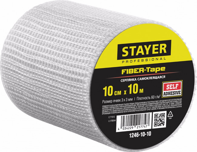 Серпянка самоклеящаяся FIBER-Tape, 10 см х 10м, STAYER Professional 1246-10-10,  ( 1246-10-10 ) Серпянка самоклеящаяся FIBER-Tape, 10 см х 10м, STAYER Professional 1246-10-10,  ( 1246-10-10 )