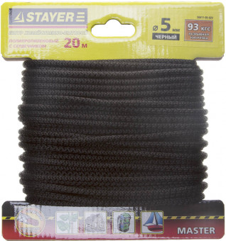 Шнур STAYER "MASTER" хозяйственно-бытовой, полипропиленовый, вязанный, с сердечником, черный, d 5, 20м,  ( 50411-05-020 ) Шнур STAYER "MASTER" хозяйственно-бытовой, полипропиленовый, вязанный, с сердечником, черный, d 5, 20м,  ( 50411-05-020 )