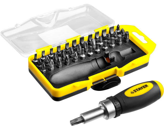 Отвертка реверсивная в наборе с битами, STAYER 2557-H38, Cr-V сталь, 38 предметов,  ( 2557-H38 )