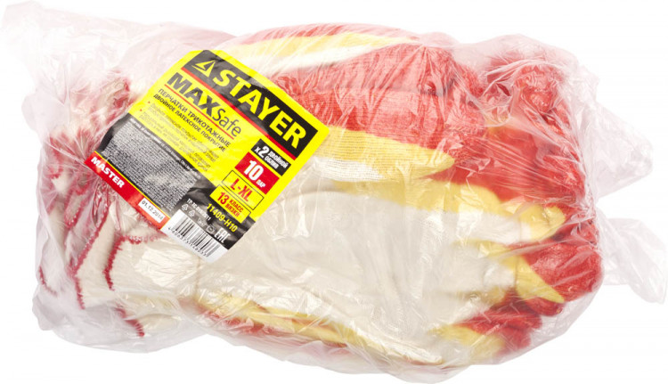 Перчатки STAYER "МASTER" MaxSafe трикотажные, двойная обливная ладонь из латекса, х/б, 13 класс, L-XL, 10 пар ,  ( 11409-H10 )