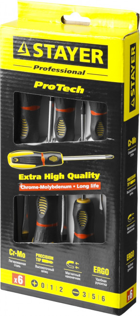 Набор STAYER "PROFESSIONAL" "PROTech": Отвертки, Cr-Mo, эргономичная двухкомпонентная рукоятка, 6шт,  ( 25133-H6_z02 ) Набор STAYER "PROFESSIONAL" "PROTech": Отвертки, Cr-Mo, эргономичная двухкомпонентная рукоятка, 6шт,  ( 25133-H6_z02 )
