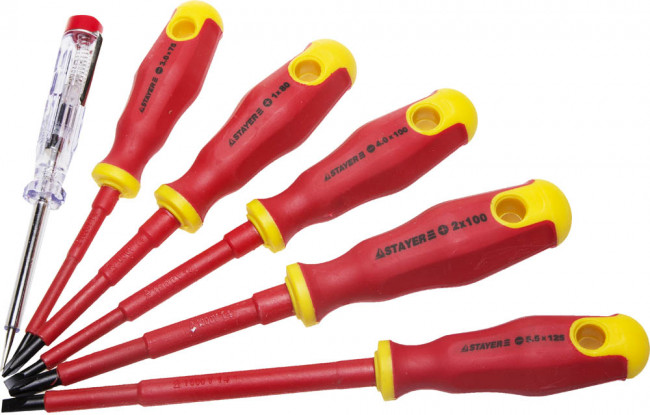 Набор STAYER "PROFI" "ELECTRO": Отвертки диэлектрические, тестер, 100-250В, Cr-V, 6шт,  ( 25145-H6_z01 ) Набор STAYER "PROFI" "ELECTRO": Отвертки диэлектрические, тестер, 100-250В, Cr-V, 6шт,  ( 25145-H6_z01 )