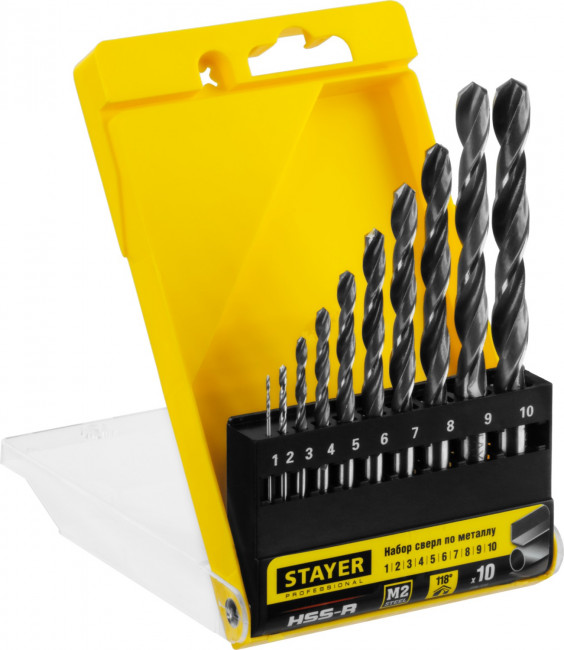 Набор сверл по металлу 10 шт (d=1-10 мм), HSS-R, сталь М2(S6-5-2), STAYER Professional 29602-H10, DIN 338 ( 29602-H10_z01 ) Набор сверл по металлу 10 шт (d=1-10 мм), HSS-R, сталь М2(S6-5-2), STAYER Professional 29602-H10, DIN 338 ( 29602-H10_z01 )