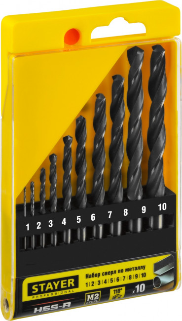 Набор сверл по металлу 10 шт (d=1-10 мм), HSS-R, сталь М2(S6-5-2), STAYER Professional 29602-H10, DIN 338 ( 29602-H10_z01 ) Набор сверл по металлу 10 шт (d=1-10 мм), HSS-R, сталь М2(S6-5-2), STAYER Professional 29602-H10, DIN 338 ( 29602-H10_z01 )