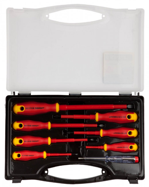 Набор STAYER "PROFI" "ELECTRO": Отвертки диэлектрические, тестер, 100-250В, Cr-V, 8шт,  ( 25145-H8_z01 ) Набор STAYER "PROFI" "ELECTRO": Отвертки диэлектрические, тестер, 100-250В, Cr-V, 8шт,  ( 25145-H8_z01 )