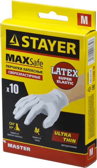 Перчатки STAYER "MASTER" латексные экстратонкие, M, 10шт,  ( 11206-M )