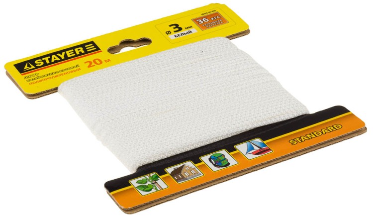 Шнур STAYER "STANDARD" хозяйственно-бытовой, полипропиленовый, вязанный, без сердечника, белый, d 3, 20м  ,  ( 50420-03-020 )