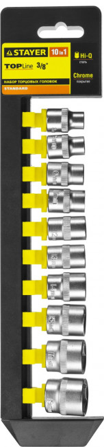 Набор STAYER "STANDARD": Торцовые головки (3/8") на пластиковом рельсе, 8-19мм, 10 предметов,  ( 27757-H10 ) Набор STAYER "STANDARD": Торцовые головки (3/8") на пластиковом рельсе, 8-19мм, 10 предметов,  ( 27757-H10 )