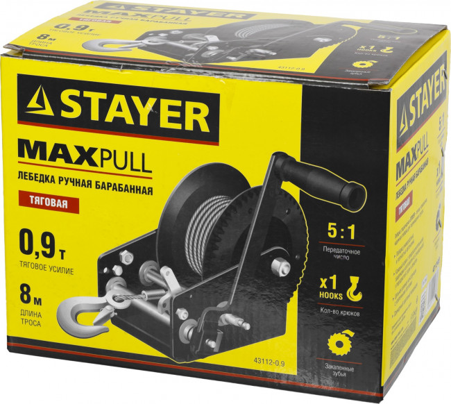 Лебедка ручная барабанная STAYER "MASTER", тяговая, тросовая, 0,9т, 8м,  ( 43112-0.9 )