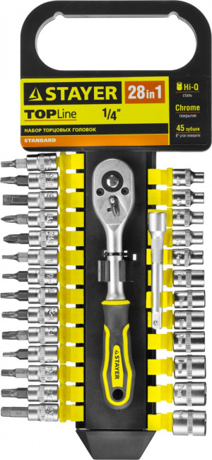 Набор STAYER "STANDARD": Торцовые головки, биты-головки (1/4") на пластик рельсе, трещотка, удл-тель, 4-13мм, 28 пр.,  ( 27754-H28 ) Набор STAYER "STANDARD": Торцовые головки, биты-головки (1/4") на пластик рельсе, трещотка, удл-тель, 4-13мм, 28 пр.,  ( 27754-H28 )