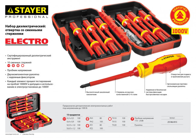 Набор STAYER "PROFI": Отвертки диэлектрические до 1000В, 13 предметов  ,  ( 25146-H13 ) Набор STAYER "PROFI": Отвертки диэлектрические до 1000В, 13 предметов  ,  ( 25146-H13 )