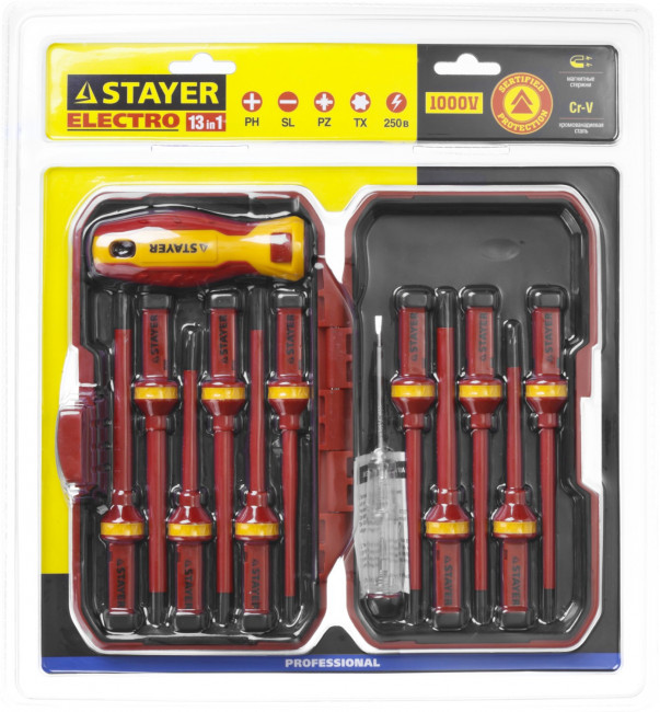 Набор STAYER "PROFI": Отвертки диэлектрические до 1000В, 13 предметов  ,  ( 25146-H13 ) Набор STAYER "PROFI": Отвертки диэлектрические до 1000В, 13 предметов  ,  ( 25146-H13 )
