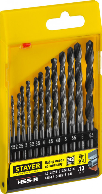 Набор сверл по металлу 13 шт (d=1,5-6,5 мм), HSS-R, сталь М2(S6-5-2), STAYER Professional 29602-H13, DIN 338 ( 29602-H13_z01 ) Набор сверл по металлу 13 шт (d=1,5-6,5 мм), HSS-R, сталь М2(S6-5-2), STAYER Professional 29602-H13, DIN 338 ( 29602-H13_z01 )