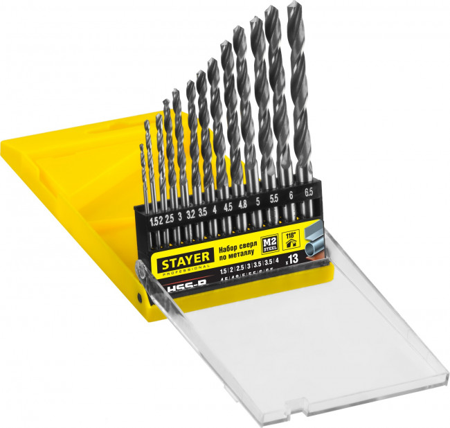 Набор сверл по металлу 13 шт (d=1,5-6,5 мм), HSS-R, сталь М2(S6-5-2), STAYER Professional 29602-H13, DIN 338 ( 29602-H13_z01 ) Набор сверл по металлу 13 шт (d=1,5-6,5 мм), HSS-R, сталь М2(S6-5-2), STAYER Professional 29602-H13, DIN 338 ( 29602-H13_z01 )