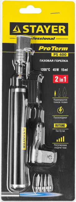 Газовая горелка STAYER "PROFESSIONAL", 2в1, пьезоподжиг, регулировка пламени, 4 насадки, 1200С,  ( 55505-H6 )