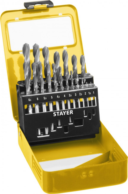 Набор сверл по металлу 19 шт (d=1-10 мм), HSS-R, сталь М2(S6-5-2), STAYER Professional 29602-H19, DIN 338 ( 29602-H19-M_z01 ) Набор сверл по металлу 19 шт (d=1-10 мм), HSS-R, сталь М2(S6-5-2), STAYER Professional 29602-H19, DIN 338 ( 29602-H19-M_z01 )